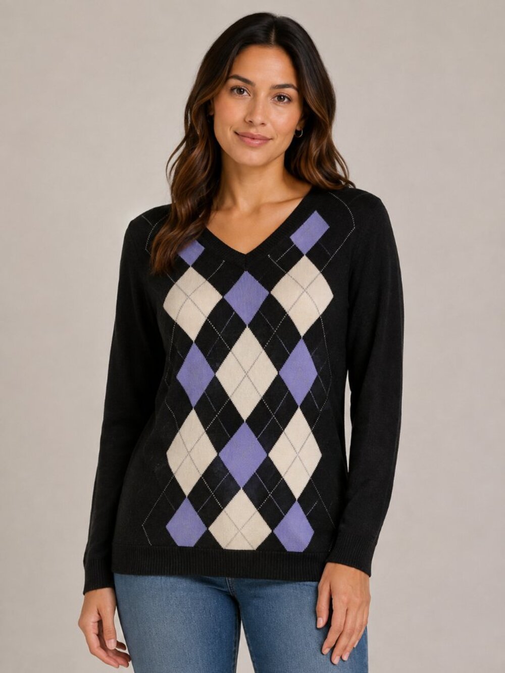 Croft & Barrow Women’s Medium Argyle V-Neck Sweater Black Purple